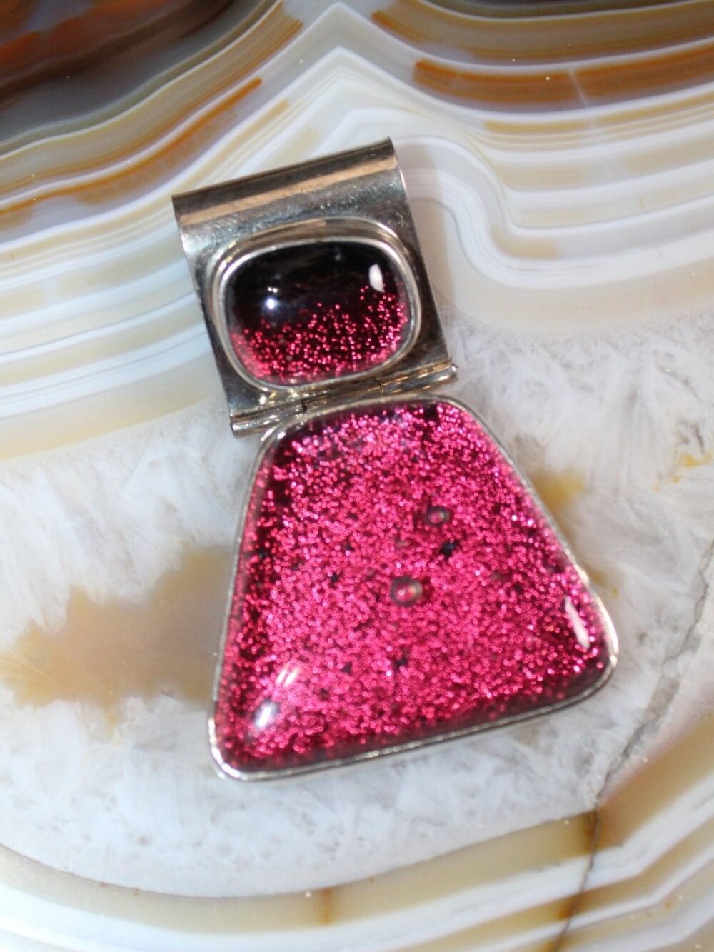 Vtg Patti Quinn Aurora Art Handcrafted 925 SS Dichroic Pink Glass Slide Pendant